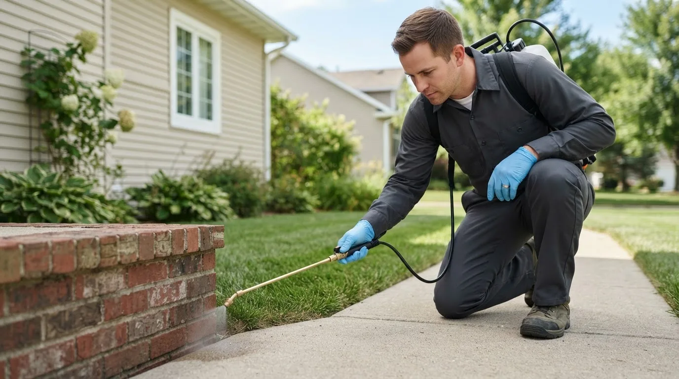 Pest control technician treating a home near Hellertown, PA